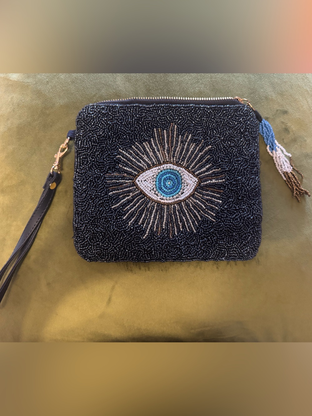 Sincerely Jules Black Beaded Wristlet Clutch with Blue Eye Motif